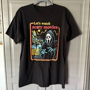 Ghost Face Halloween Let's Watch Scary Movies Graphic Print T-Shirt, Black,L